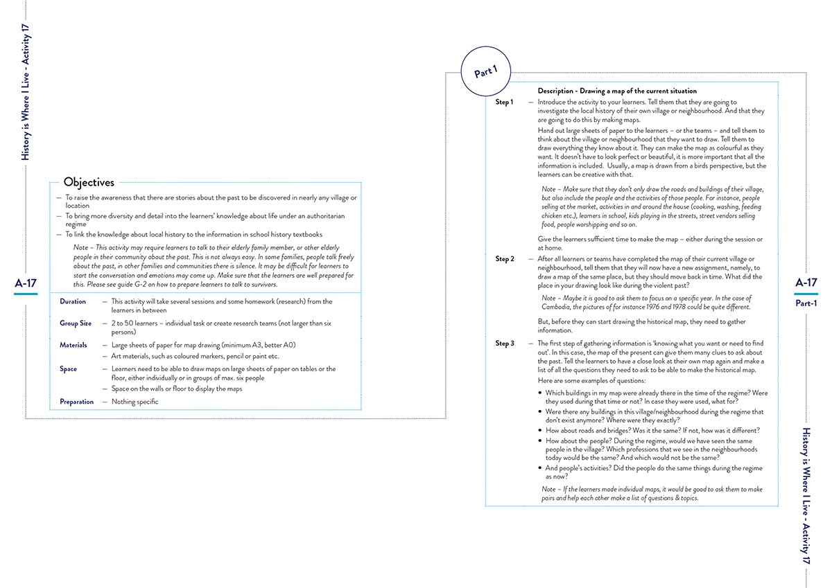 Spread of training manual showing the objectives and description of an activity. A dotted line joins the two pages with part one of the description in a circle